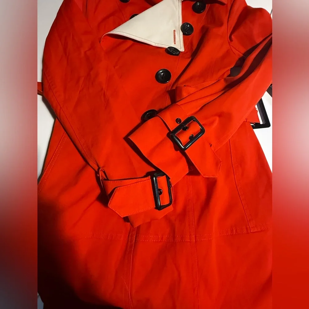 Worthington Lined Red Raincoat Black Buttons Long Sleeve Collared Belt - Picture 5 of 16